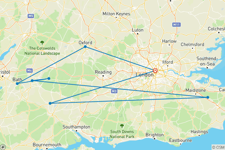 Map of Stonehenge, Oxford, Cotswolds, Bath, Avebury, Cliffs of Dover & Kent - 6-Day (Small-Group)