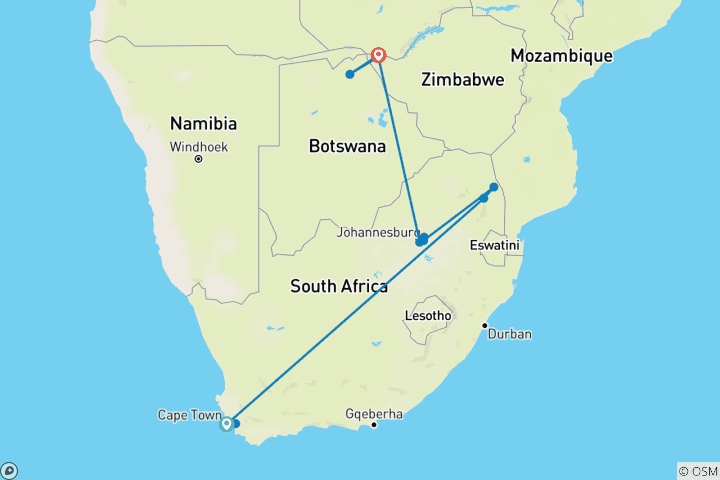 Carte du circuit Découverte de l'Afrique australe 2027