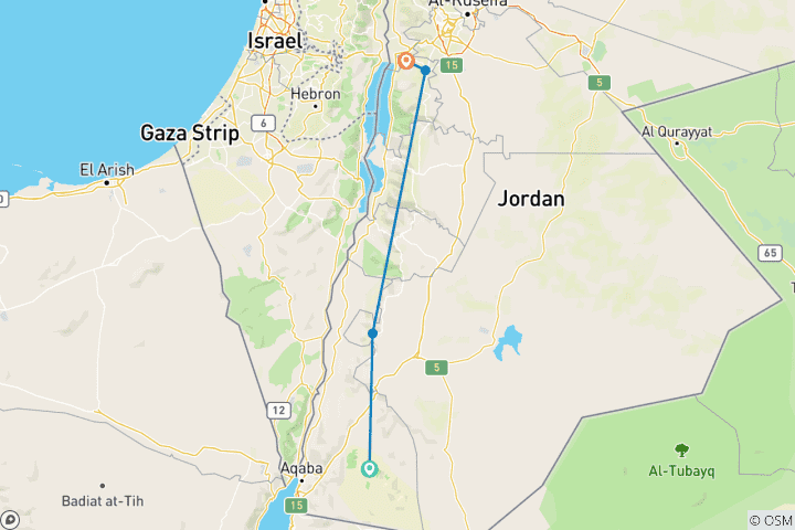 Carte du circuit Petra, Wadi Rum, Madaba et Mt. Nebo, circuit de 3 jours (AT)