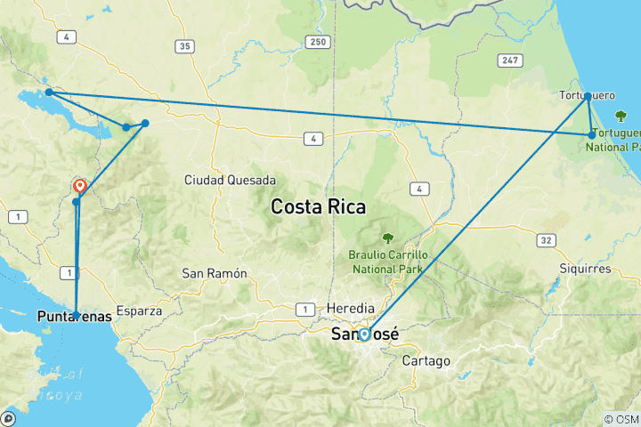 Carte du circuit Merveilles naturelles du Costa Rica - 10 jours