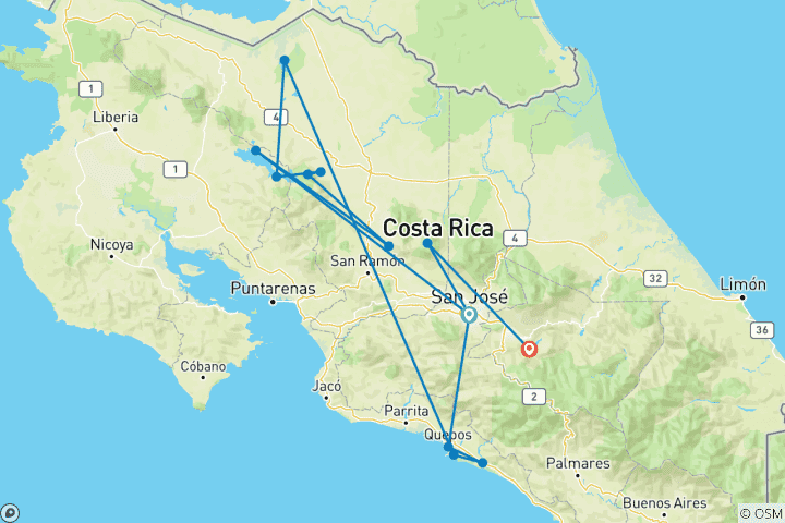 Mapa de Costa Rica en coche - 8 días