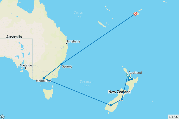 Carte du circuit Nouvelle-Zélande, côte est australienne et Fidji - 17 jours