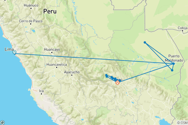 Carte du circuit Lima, Amazonie, Machu Picchu et Cusco - 8 jours