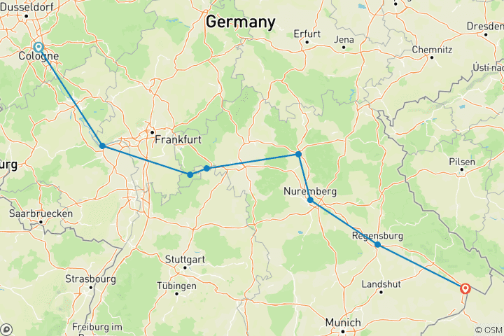 Kaart van Symfonie van de Rijn & Donau – van Keulen naar Passau (8 bestemmingen)