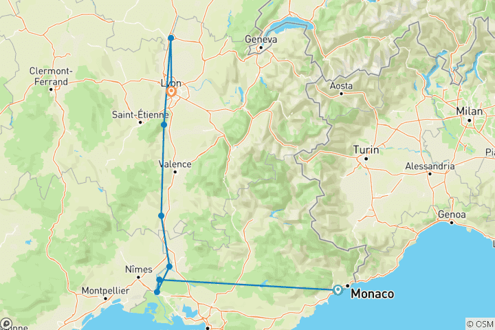 Carte du circuit Saveurs du Rhône - Croisière culinaire 2027 - 8 jours (from Nice to Lyon)