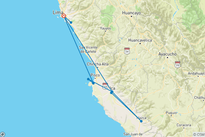 Map of 5 days - Lima city & Paracas & Huacachina & Nazca