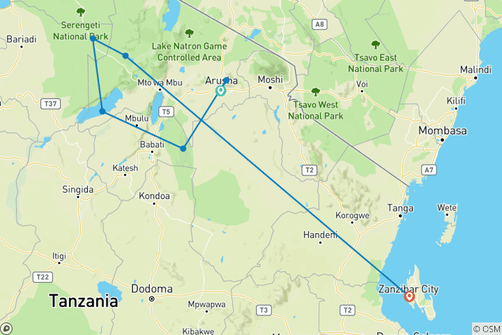 Carte du circuit 16 jours de safaris en Tanzanie et Zanzibar