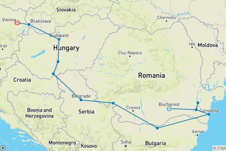Carte du circuit 1.200 miles sur le magnifique Danube bleu (Bucarest - Vienne) (13 destinations)