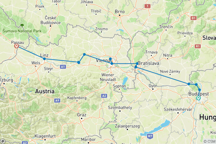 Karte von Klassische Donaukreuzfahrt (Budapest - Passau) (14 Destinationen)