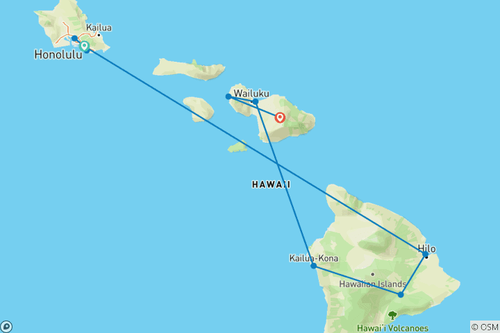 Carte du circuit Aventure hawaïenne « Trois îles » : O'ahu, Big Island et Maui (de Honolulu, HI, à Maui, HI, 2027)