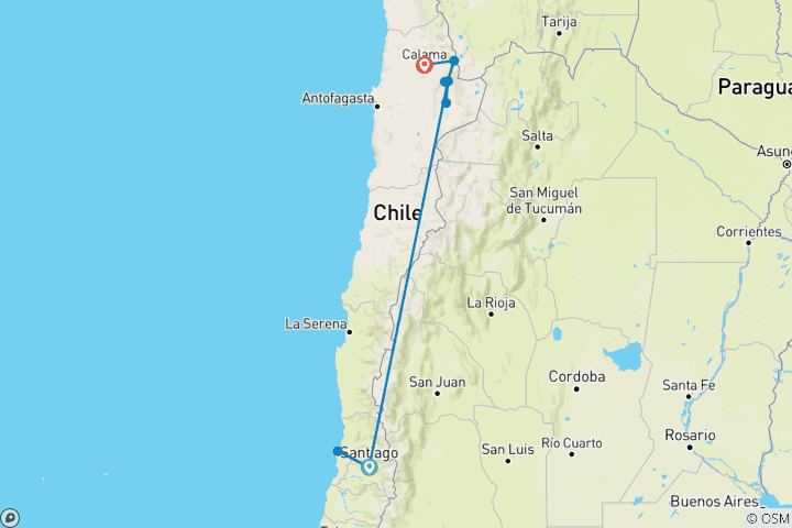 Carte du circuit 7 jours - Voyage de luxe dans le désert avec NOI Atacama