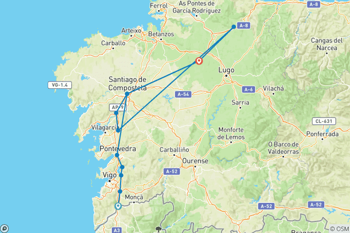 Karte von Der Portugiesische Jakobsweg - von Tui nach Santiago de Compostela (8 Tage)