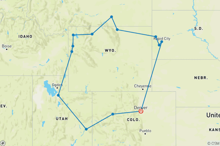 Carte du circuit Les parcs nationaux d'Amérique avec Denver et le voyage ferroviaire Canyon Spirit