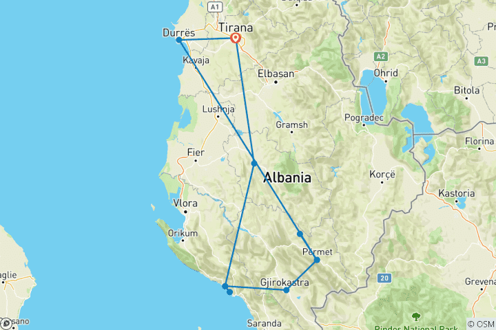 Kaart van Avontuur Albanië & Ionische Kust - Quads, Raften & UNESCO Steden - 10 dagen
