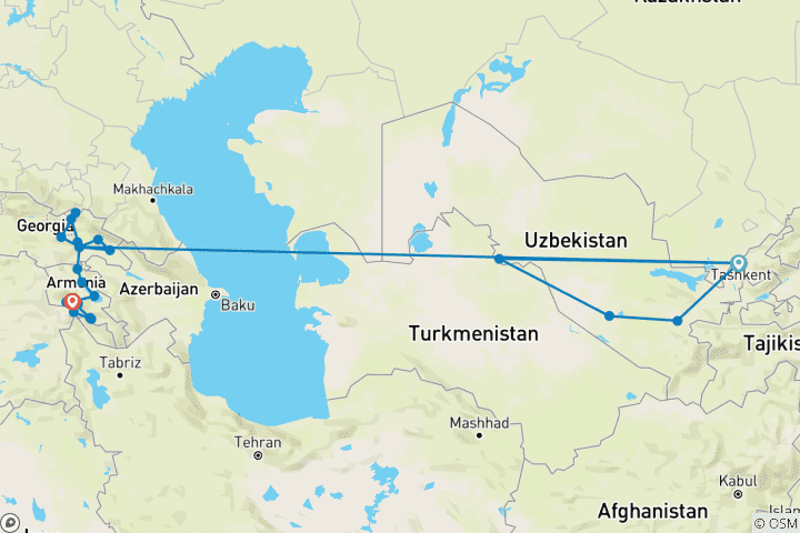 Karte von Private Tour nach Usbekistan, Georgien & Armenien - 20 Tage (4* Hotels)