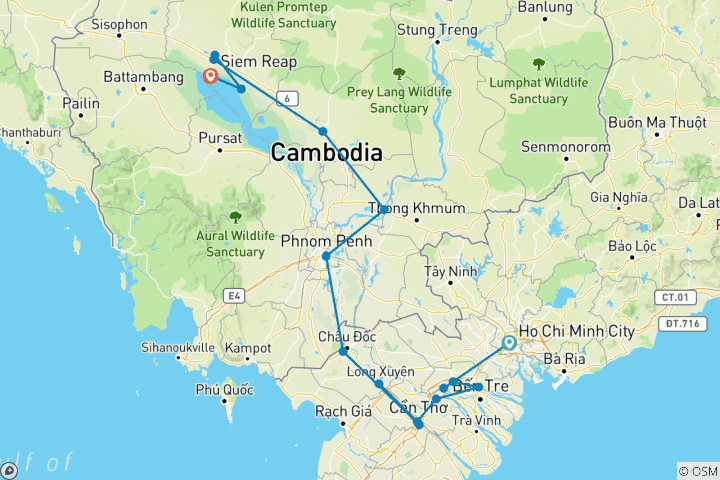 Map of Cycling from the Mekong Delta to Angkor Wat