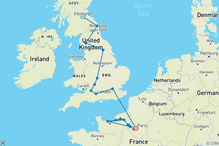 Carte du circuit Croisière et circuit : Faites-vous plaisir en France et en Grande-Bretagne (2027) (Edinburgh to Paris, 2027)