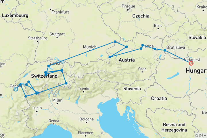 Karte von Kreuzfahrt & Tour: Genießen Sie die Schweiz und die Donau (2027) (Genf nach Budapest, 2027)