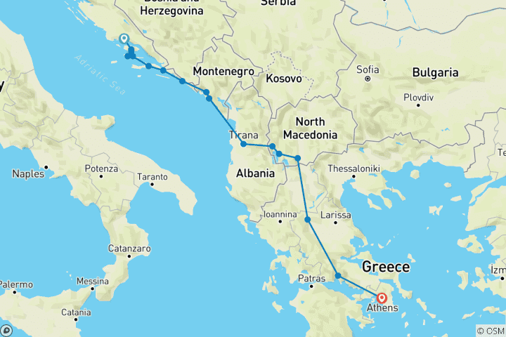 Carte du circuit Découvrir la côte croate jusqu'à la Grèce