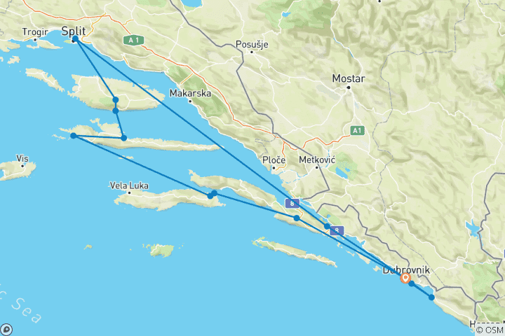 Carte du circuit Dubrovnik et les îles de la côte dalmate