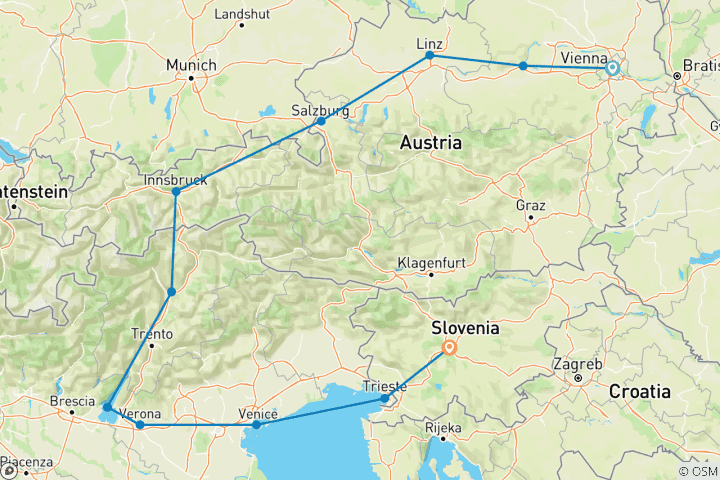 Mapa de Corazón de Europa: Austria, Italia y Eslovenia - 12 Días (Grupo reducido)