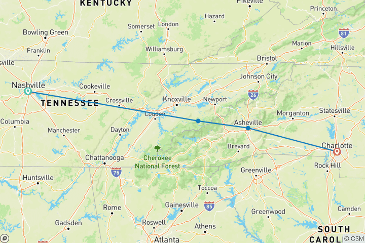 Karte von Nashville & the Smoky Mountains - Urlaub mit Gatlinburg & Asheville - Nashville, TN nach Asheville, NC (2027)