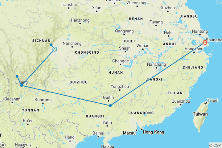 Carte du circuit Signature : Le sud-ouest de la Chine, de Shangri-La à Shanghai National Geographic Journeys