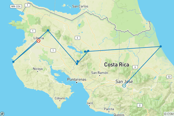 Carte du circuit Signature : Tortuguero, Arenal et les forêts de nuages du Costa Rica National Geographic Journeys