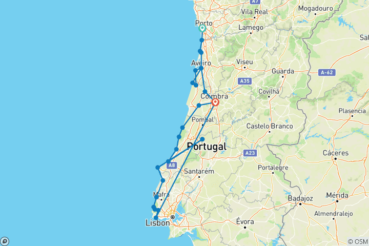 Carte du circuit Portugal - De Porto à Lisbonne (13 jours)