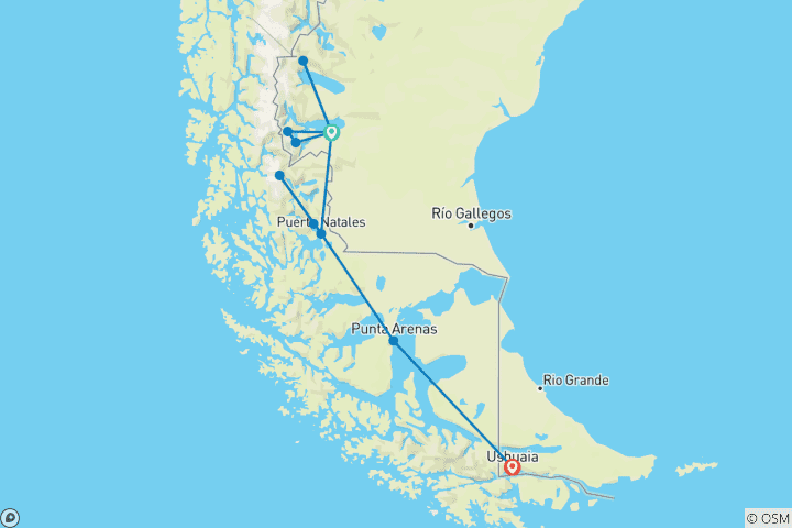 Kaart van Van gletsjers naar het einde van de wereld - El Calafate, Torres del Paine & Ushuaia