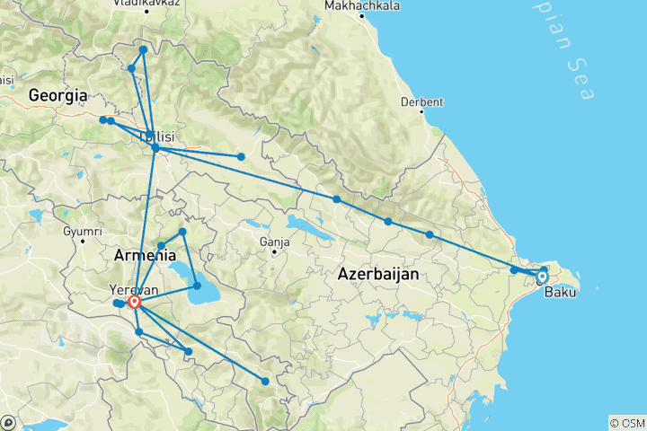 Kaart van 15 dagen - Rondreis Kaukasus - Azerbeidzjan, Georgië en Armenië