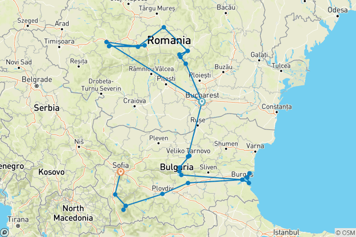 Kaart van Verborgen Europa: Roemenië & Bulgarije Self-Drive ervaring