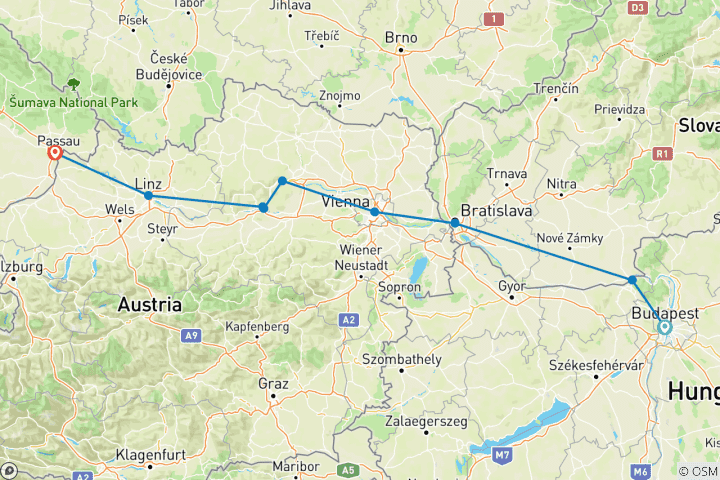 Karte von Golfkreuzfahrt auf der Donau (Budapest - Passau)