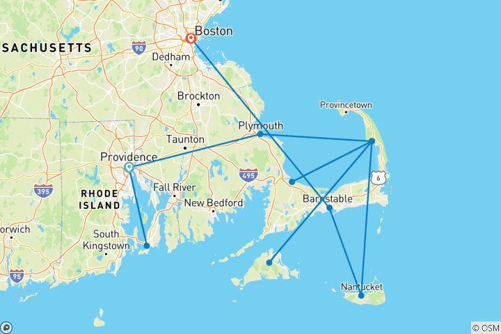 Carte du circuit Les îles de la Nouvelle-Angleterre (de Providence, dans le Rhode Island, à Cape Cod, dans le Massachusetts)