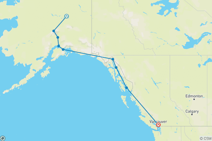 Carte du circuit Alaska Discovery Land & Cruise avec une croisière de 7 nuits de Holland America (de Fairbanks, AK à Vancouver, BC) (2027) (Alternative)