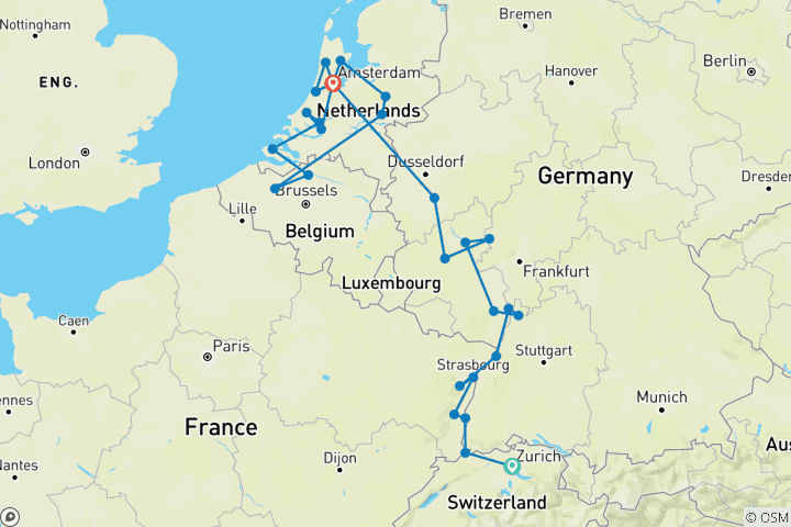 Karte von Rhein Highlights, Windmühlen, Tulpen und belgische Köstlichkeiten - 15 Tage (von Zürich bis Amsterdam)