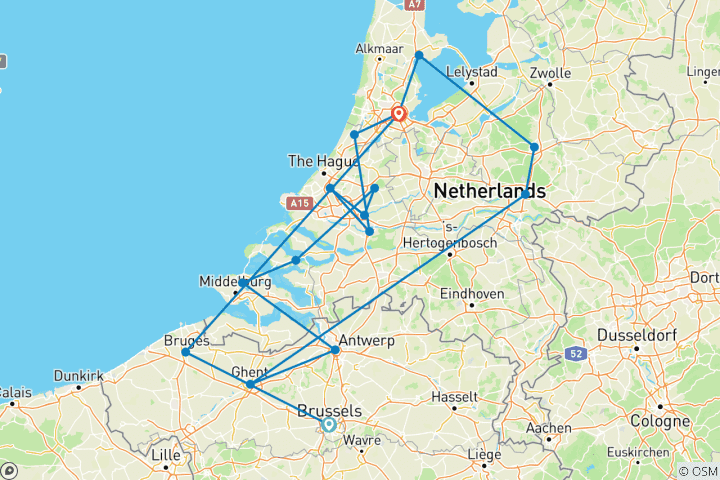 Carte du circuit Moulins à vent, tulipes et délices belges avec Bruges 2026