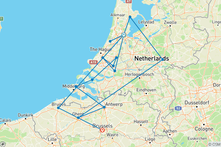 Mapa de Molinos de viento, tulipanes y delicias belgas con Brujas 2027 - 11 Días (from Amsterdam to Bruselas)