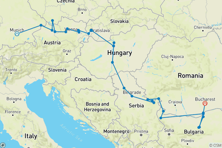 Carte du circuit À la découverte du Danube 2027 – 16 jours (de Munich à Bucarest)