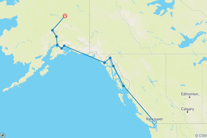 Carte du circuit Alaska par mer et par terre Vancouver → Fairbanks (2027)