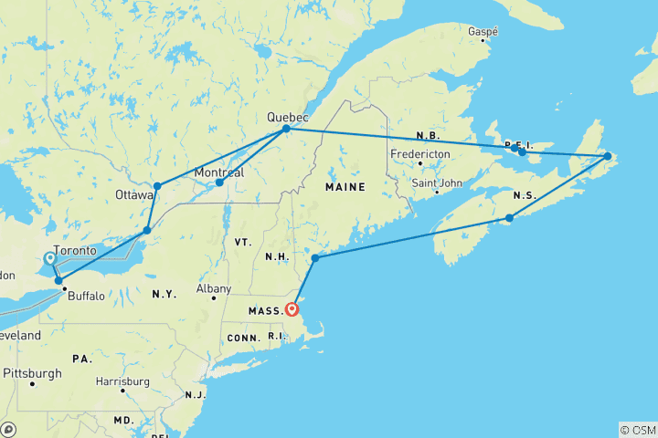 Map of Eastern Canada and New England Cruise Toronto → Boston (2027)