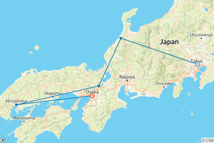 Kaart van Japan Zelf Rondleiding - 12 Nachten 3* Hotel