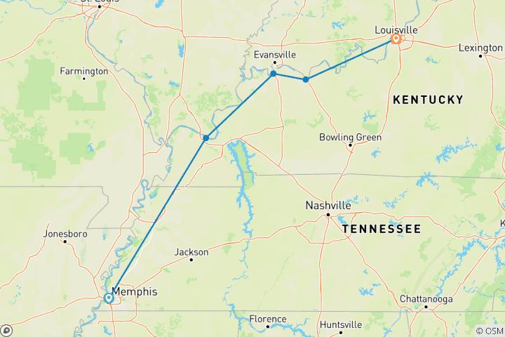 Carte du circuit Exploration du Mississippi et de la rivière Ohio De Memphis, Tennessee à Louisville, Kentucky
