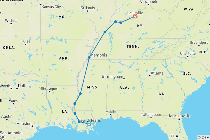 Carte du circuit Bayous, Blues & Bluegrass De la Nouvelle-Orléans (Louisiane) à Louisville (Kentucky)