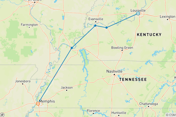 Carte du circuit Exploration du Mississippi et de la rivière Ohio De Louisville, Kentucky à Memphis, Tennessee