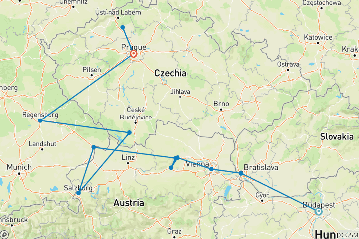 Carte du circuit Marchés de Noël du Danube avec Prague 2027 - 11 jours (from Budapest to Prague)