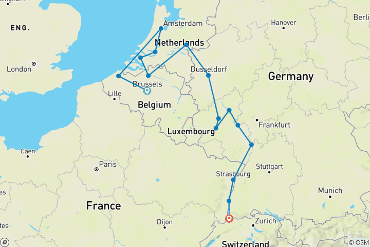 Carte du circuit Romantique Rhin et Moselle avec Bruges 2027 - 18 jours (from Bruxelles to Bâle)