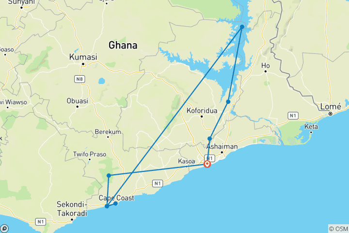 Carte du circuit Points forts du voyage épique de 8 jours au Ghana