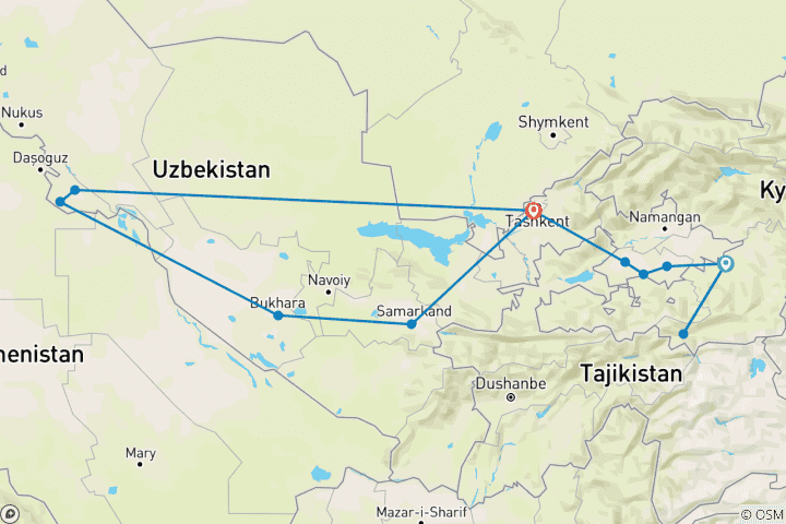Kaart van Het Pamir-gebergte en Oezbekistan