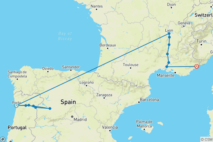 Kaart van Ontdek de Douro & Rhône rivieren met Nice 2027 - 18 Dagen (28 bestemmingen)